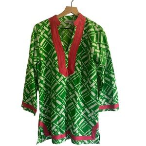 Buckhead Betties Green Pink Linen Tunic Long Sleeve Top Coverup